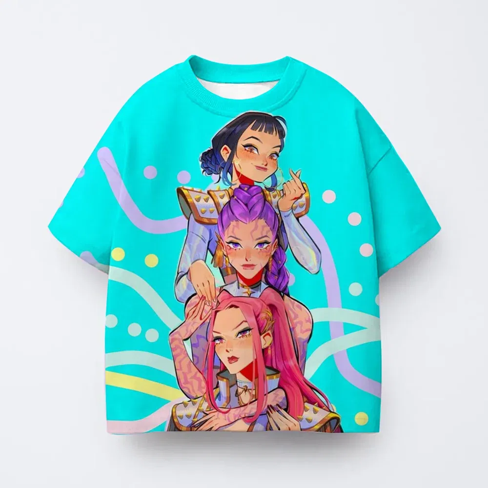 Color: SKY BLUE, Kid Size: 7 - Toddler Girl Clothes Kpop Demon Hunters Cartoon Tee Shirt Funny Gift for Fans Harajuku Cool Kids T-shirts Cotton Summer Tops