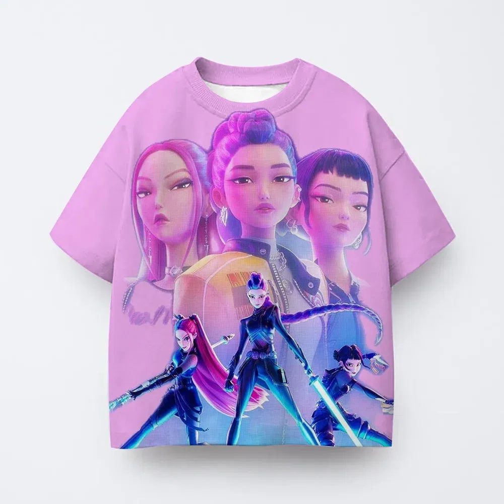 Color: SKY BLUE, Kid Size: 7 - Toddler Girl Clothes Kpop Demon Hunters Cartoon Tee Shirt Funny Gift for Fans Harajuku Cool Kids T-shirts Cotton Summer Tops