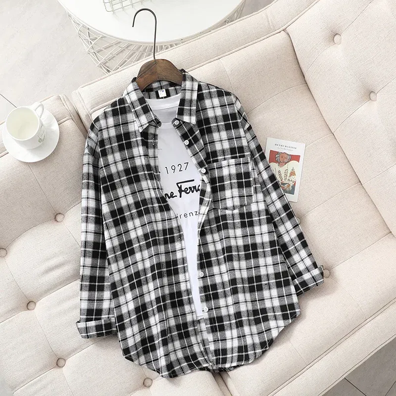 Color: Beige, Size: M - Fresh Flannel Plaid Shirt Women 2024 New Female Blouses and Tops Cotton Loose Long Sleeve Casual Shirts Fine Women's Clothes