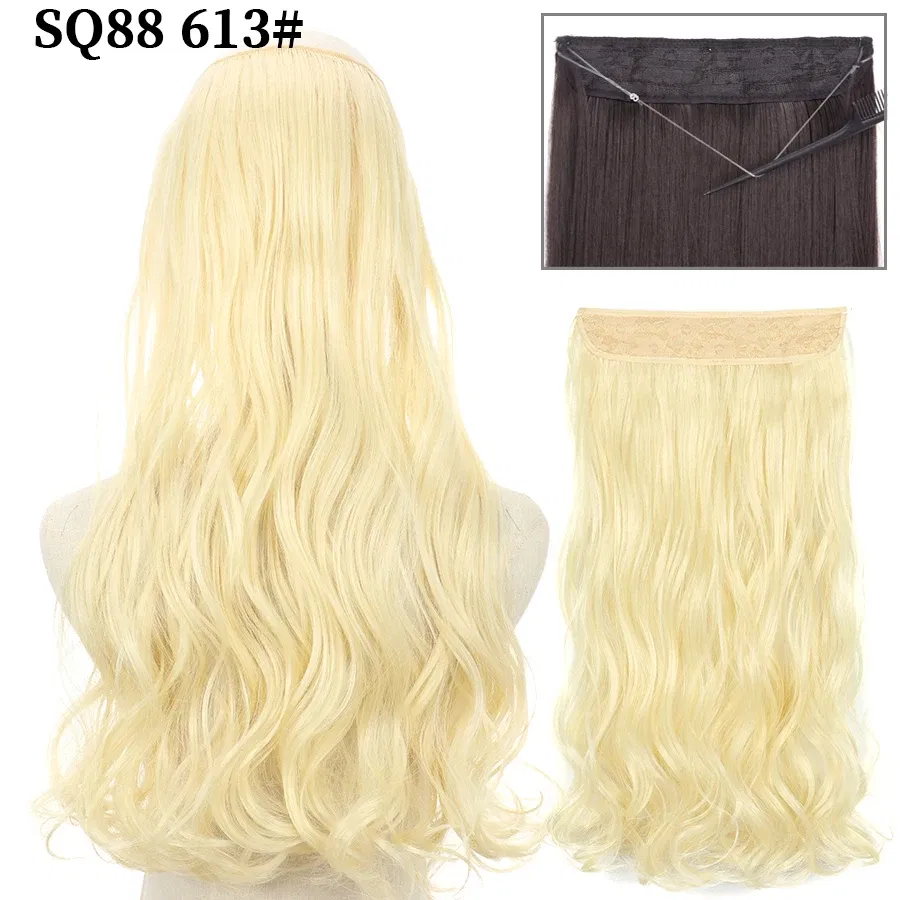 Color: T1B/27, Stretched Length: 16inches, Ships From: CHINA - Synthetic Natural Wavy No Clip Fish Line Invisible Hair Extensions Mixed Color Blonde Black Artificial False Hair Piece ForWomen