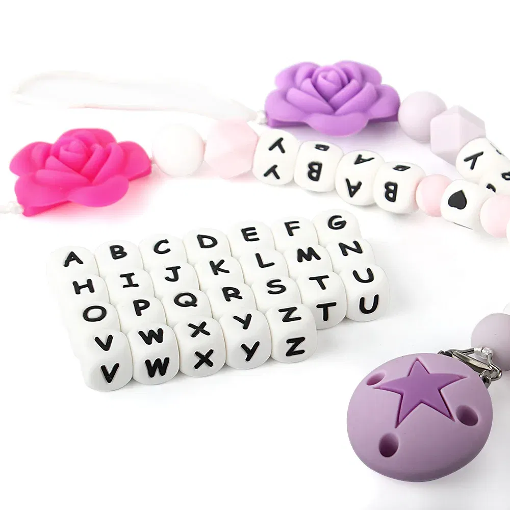 Color: Gold - 100Pcs Baby Teether 12mm Silicone Letters Beads Pacifier Clip Chain Personalized Name Letter Beads Teething Nursing Toy BPA Free