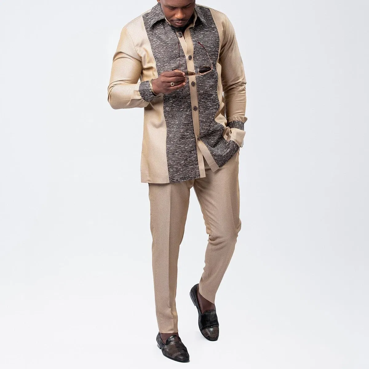 Color: Khaki, Size: S - 2025 New men's suit, white pocket, 2-piece set, luxury wedding casual suit, traditional African style of ethnic minorities