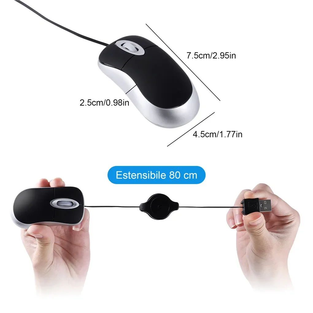 Color: black - Mini Portable Wired Mouse Retractable USB Cable Ergonomic Mause Anti Winding Office Computer Mice Retractable Adjustable Mice