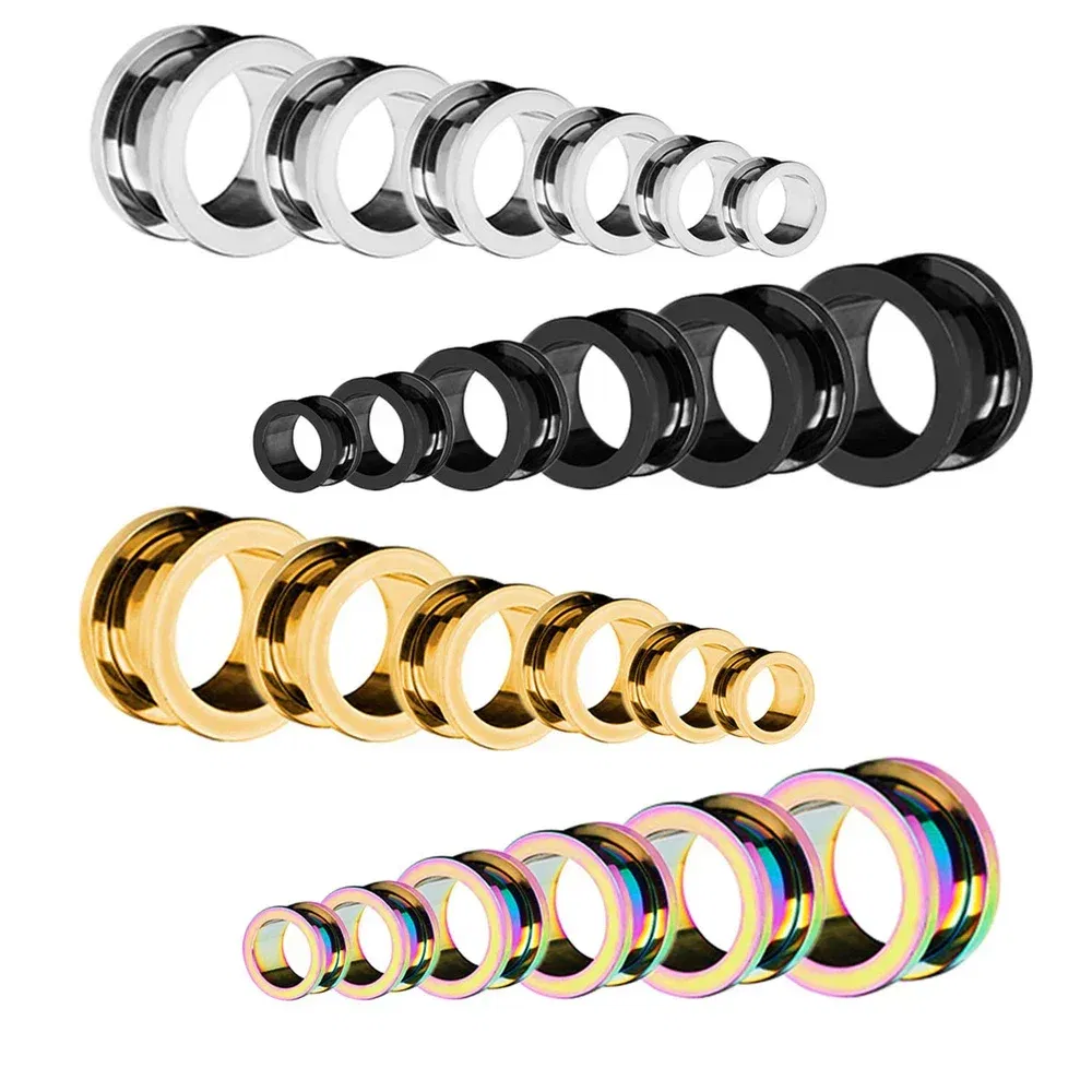 Metal color: Rhodium Plated, Main Stone Color: black - 2PCS Multi Color Steel Screw Fit Tunnel Ear Plug Stretcher Gauge 3-25mm Ear Lobe Tunnel Expander