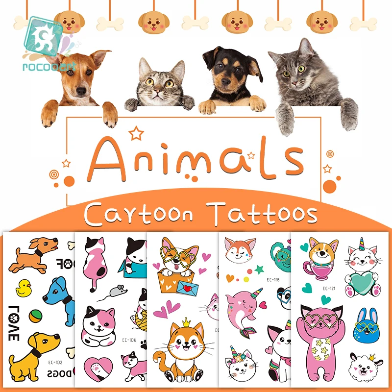 Color: dark blue - Cartoon Animal Waterproof Temporary Tattoo Cute Pet Cats and Dogs Tattoo Stickers Children Boy Girl Fake Body Art Flash Tatoo