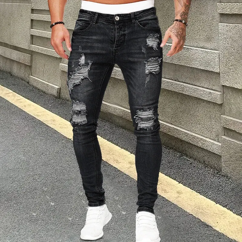 Color: Brown, Size: XXL, Ships From: CHINA - Men's Punk Hip Hop Black Fashion Jeans Spring summer New Rock Motorcycle Street Wear Tight Casual Denim pants Straight leg pants