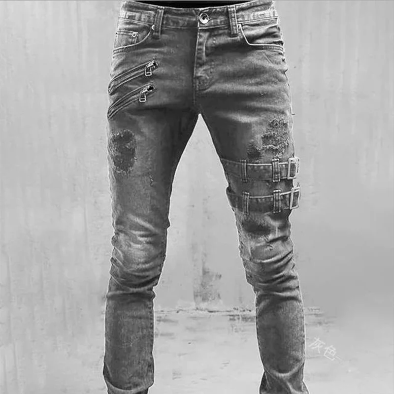 Color: Brown, Size: XXL, Ships From: CHINA - Men's Punk Hip Hop Black Fashion Jeans Spring summer New Rock Motorcycle Street Wear Tight Casual Denim pants Straight leg pants
