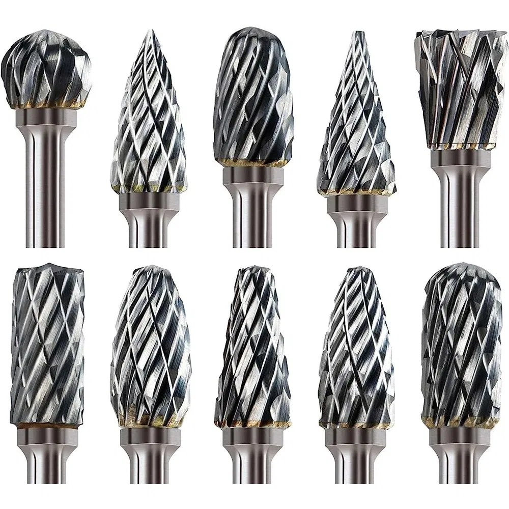 Color: Silver, Shank Shape: Round - 10PCS Carbide Burr Set Compatible with Dremel 1/8" Shank Die Grinder Rotary Tool Rasp Bits Wood Metal Carving Electric Grinding