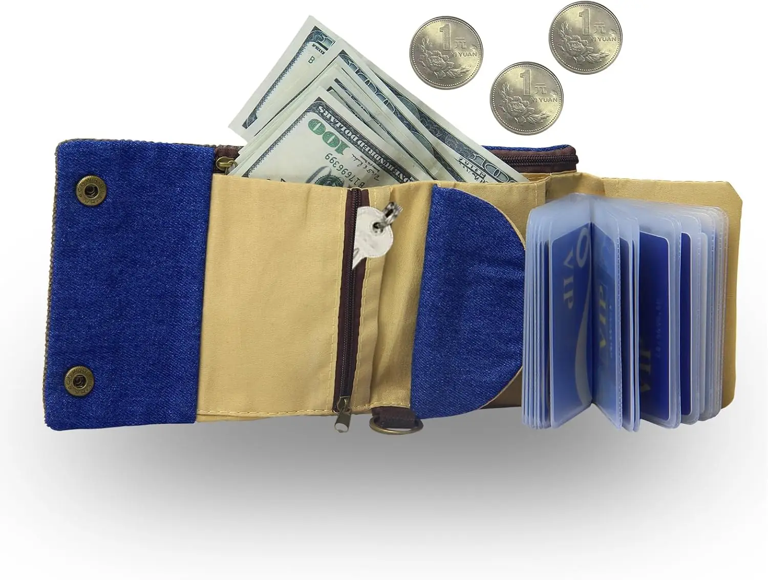 Color: Beige - Handmade Three Fold Fabric Wallet Women Men Simple Short Zipper Purses for Teens Personality Multi-function Key Bag Card Holder