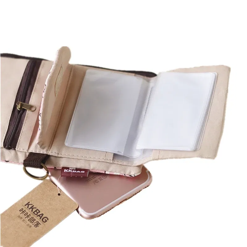 Color: Beige - Handmade Three Fold Fabric Wallet Women Men Simple Short Zipper Purses for Teens Personality Multi-function Key Bag Card Holder