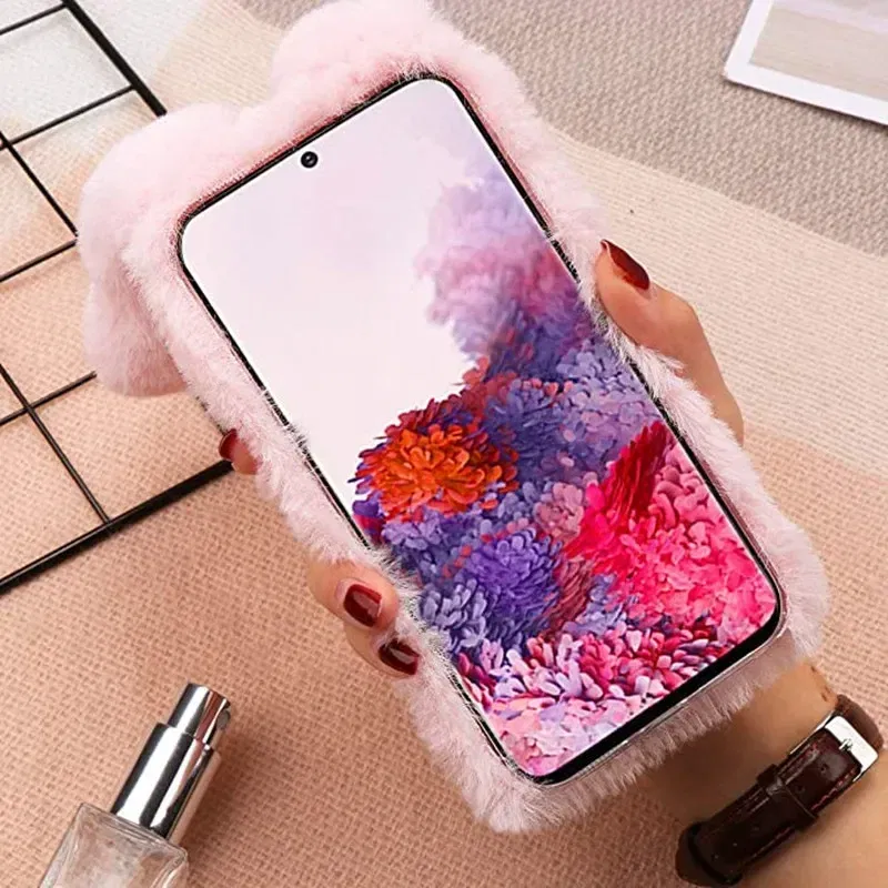 Color: SKY BLUE, Material: POLYESTER - Warm Plush Rabbit Fluffy fur Cover for Samsung A15 A25 A35 A55 A14 A24 A34 A54 A13 A23 A33 A53 A12 A22 A32 A52 A51 Phone Case