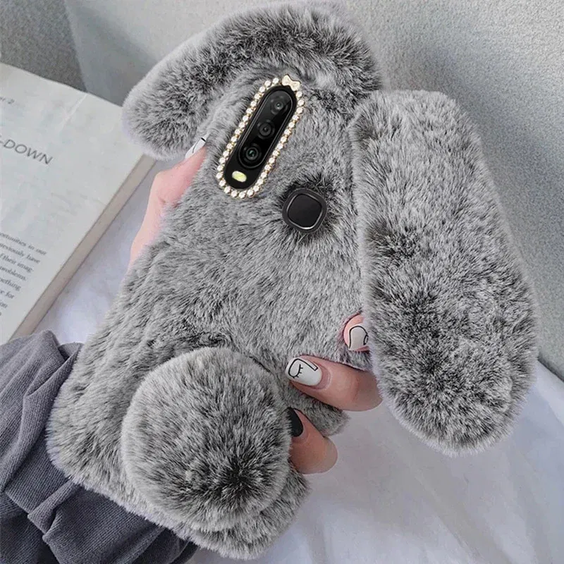 Color: SKY BLUE, Material: POLYESTER - Warm Plush Rabbit Fluffy fur Cover for Samsung A15 A25 A35 A55 A14 A24 A34 A54 A13 A23 A33 A53 A12 A22 A32 A52 A51 Phone Case