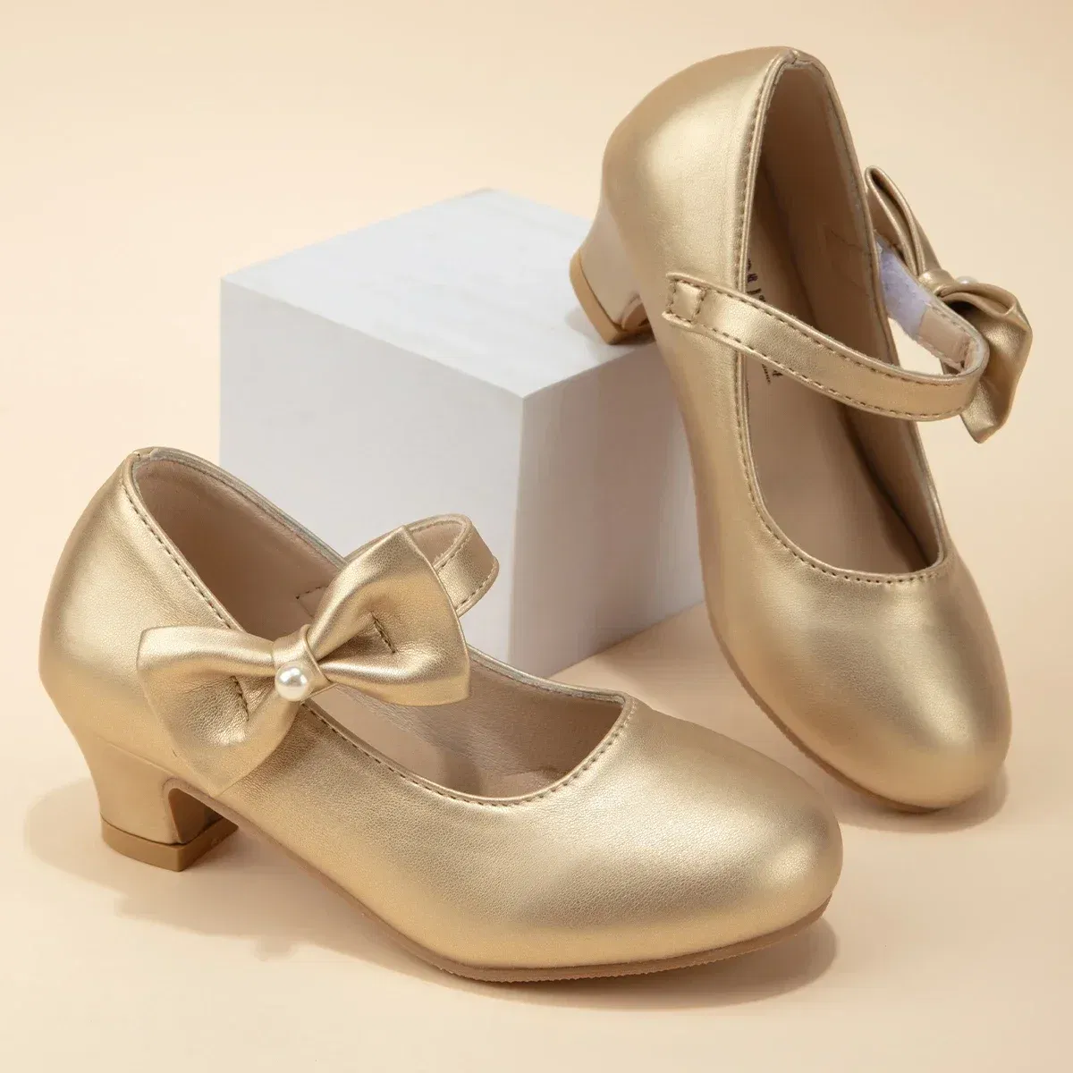 Shoe Size: 36, Color: Gold - Children's Bowknot Wedding Party Princess Shoes Big Kids White Gold Dance Dress Shoes Small Square Heel Children's Shoes