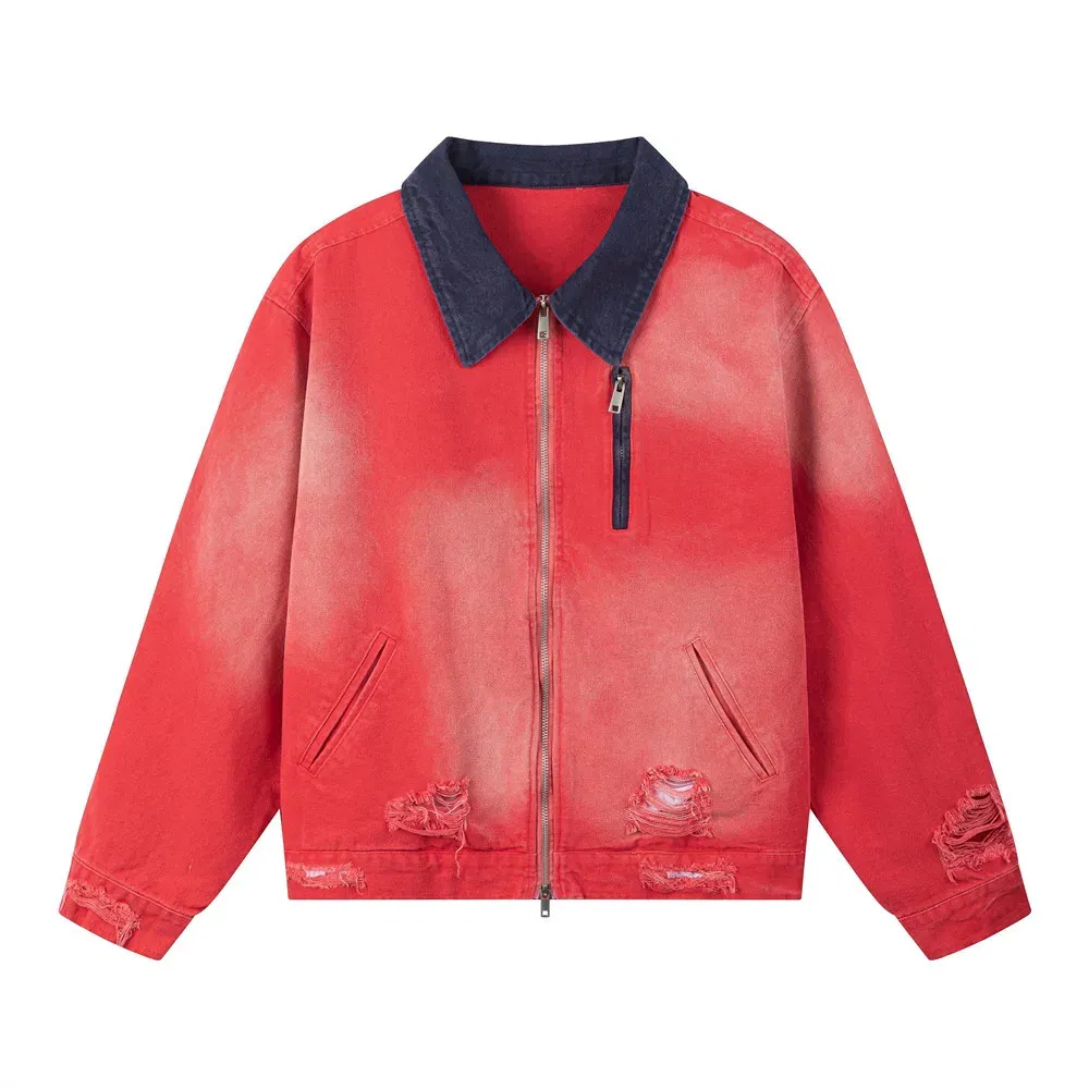 Color: Red, Size: XXL - Color Block Cargo Jacket Mens Ripped Spring Retro High Street Loose Lapel Long Sleeve Outerwear Men