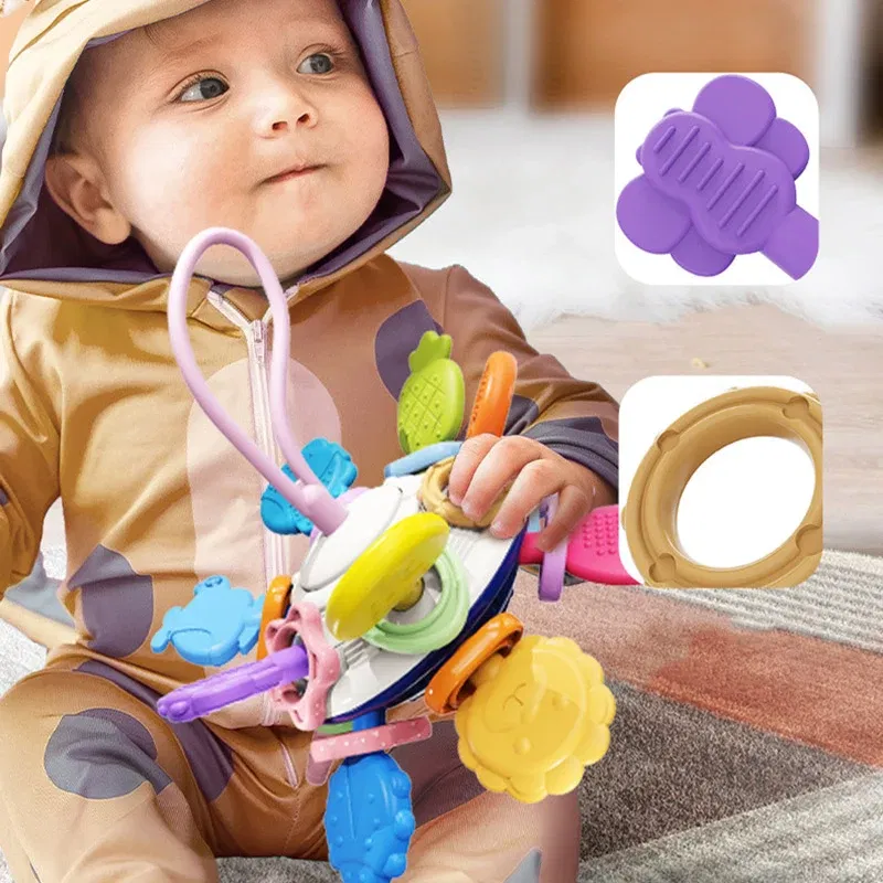 Color: Coffee - Montessori Baby Toys 0 12 Months Rotating Rattle Silicone Teething Toys Ball Grasping Activity Development Baby Sensory Toy
