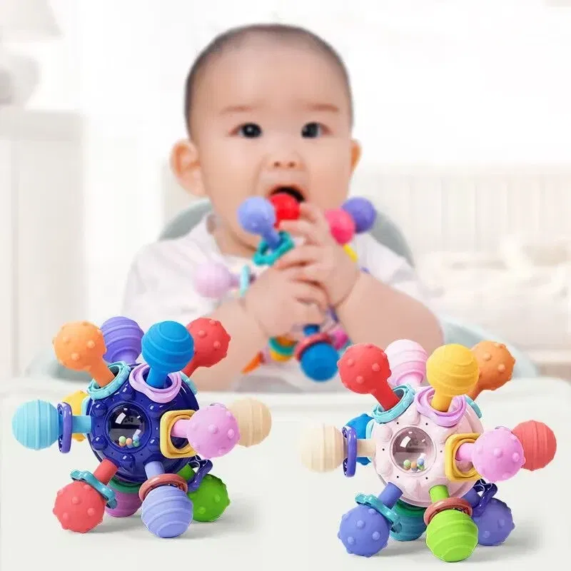 Color: Coffee - Montessori Baby Toys 0 12 Months Rotating Rattle Silicone Teething Toys Ball Grasping Activity Development Baby Sensory Toy