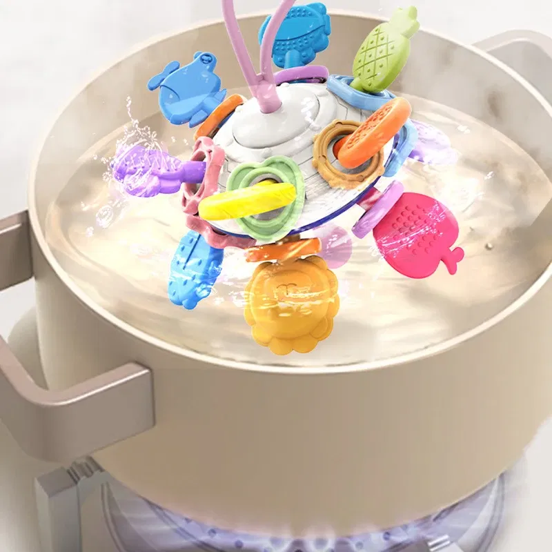 Color: Coffee - Montessori Baby Toys 0 12 Months Rotating Rattle Silicone Teething Toys Ball Grasping Activity Development Baby Sensory Toy