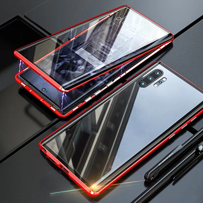 Color: Red, Material: PC - Full Wrap Metal Bezel Case For Samsung Galaxy S23 S22 Ultra S21 S20 FE S24 Note 10 20 Lite Plus Double-Sided Glass Back Cover