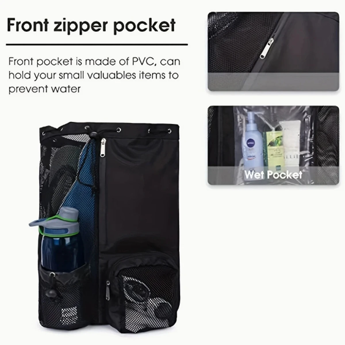Color: black - Outdoor beach backpack, swimming bag, mesh perforated drawstring backpack with wet bag, gym yoga exercise storage bag, 1 set