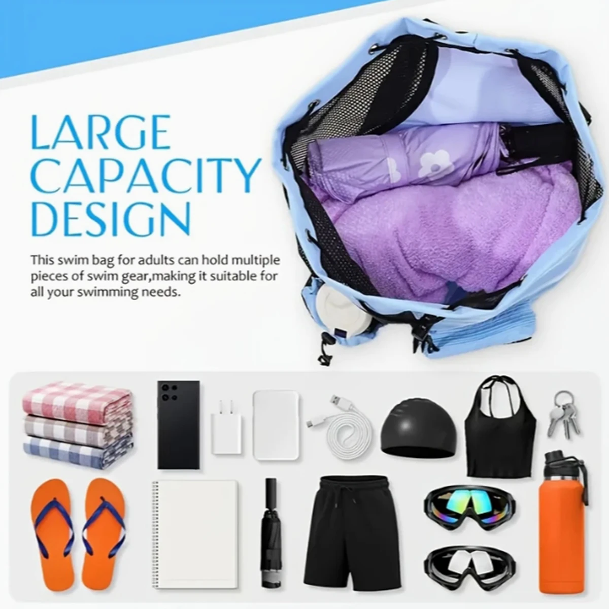 Color: black - Outdoor beach backpack, swimming bag, mesh perforated drawstring backpack with wet bag, gym yoga exercise storage bag, 1 set