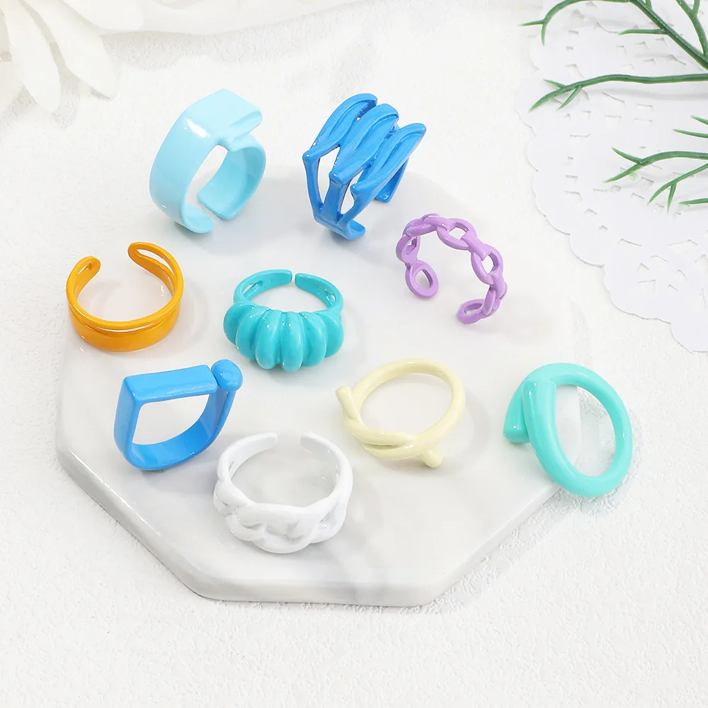 Main Stone Color: Blue - 2022 New Trendy Irregular Geometry Open Adjustable Rings Korean Simple Personality Color Rings For Women Jewelry Gifts