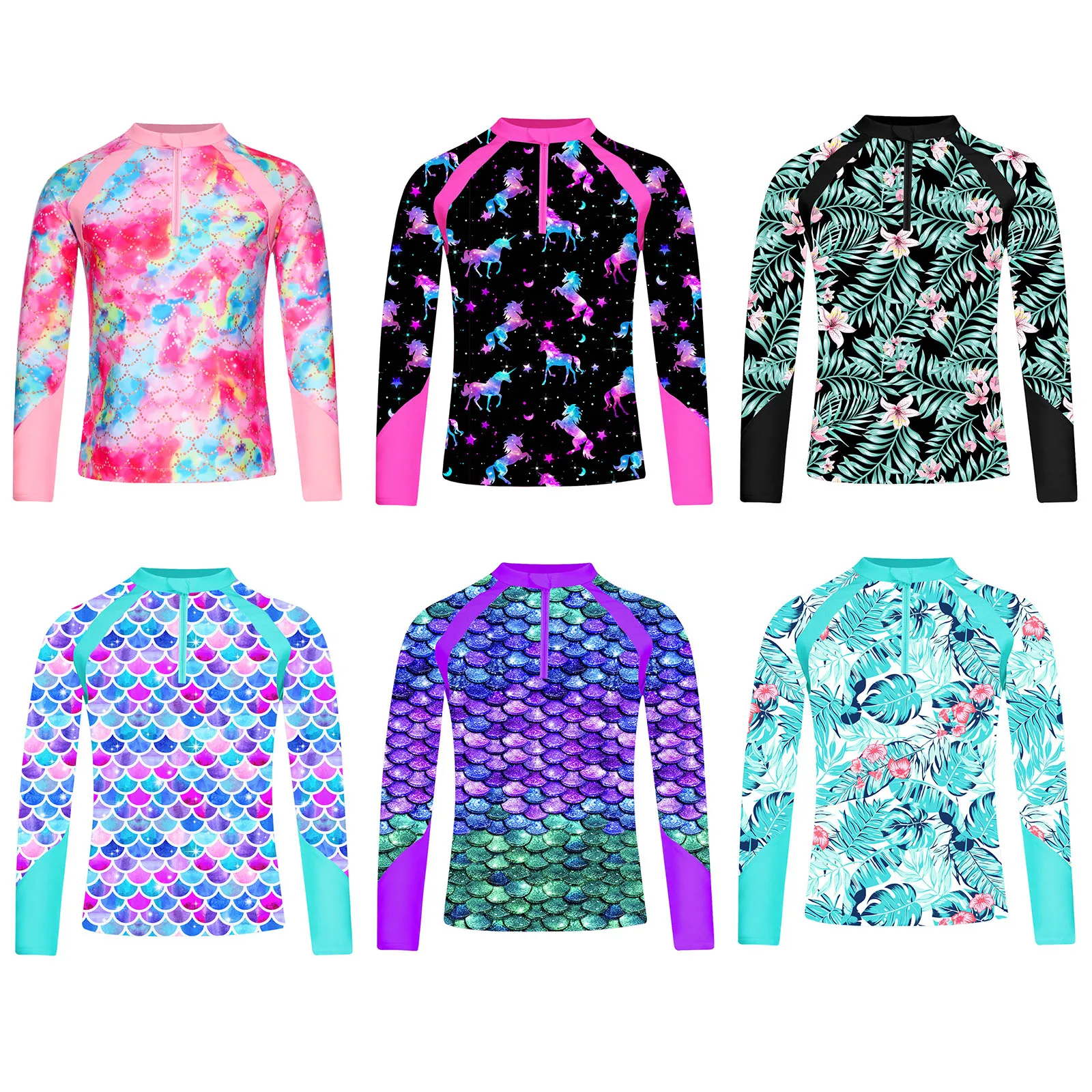Color: Black, Kid Size: 6M - Kids Girls Swim Top Floral Printed Rash Guard T Shirt Mock Neck Long Sleeve Pool Party Beachwear UPF 50+ Surfing Bathing Tops