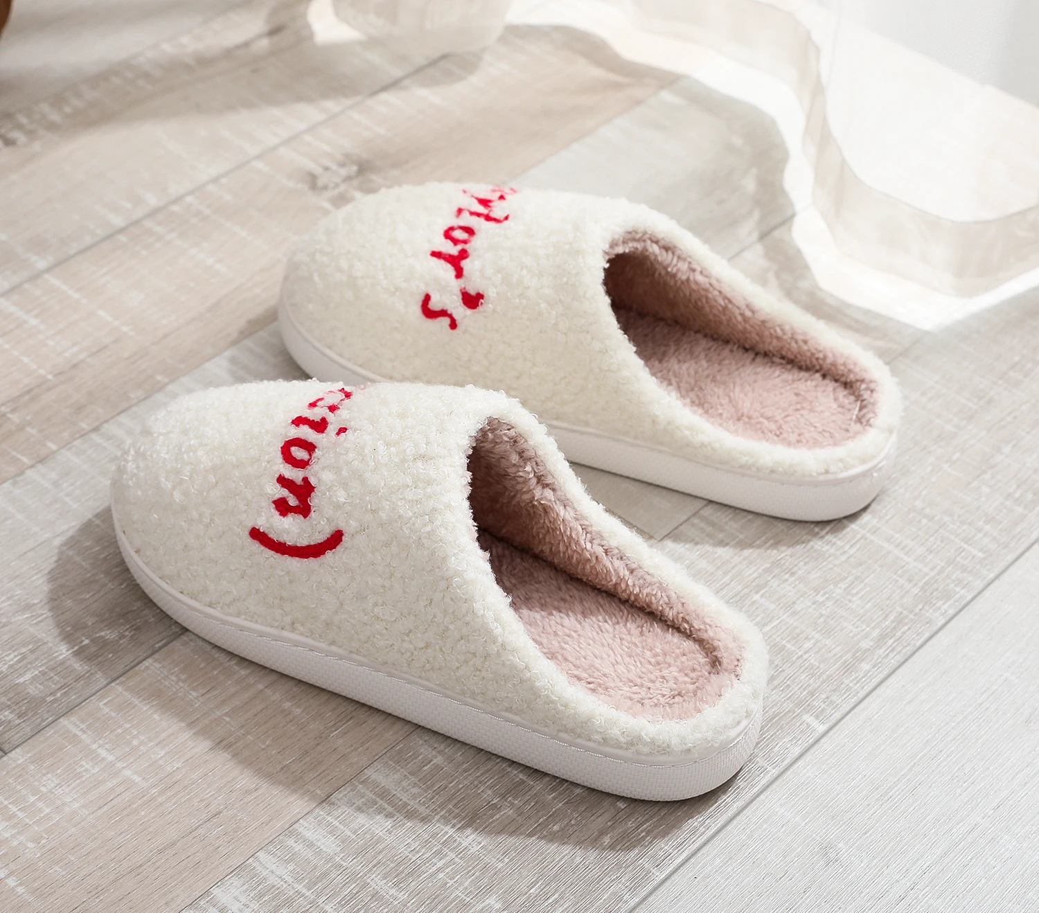 Color: WHITE, Shoe Size: 38 - Winter home home tapors version pattern cotton slippers non-slip thick-soled wool cotton slippers