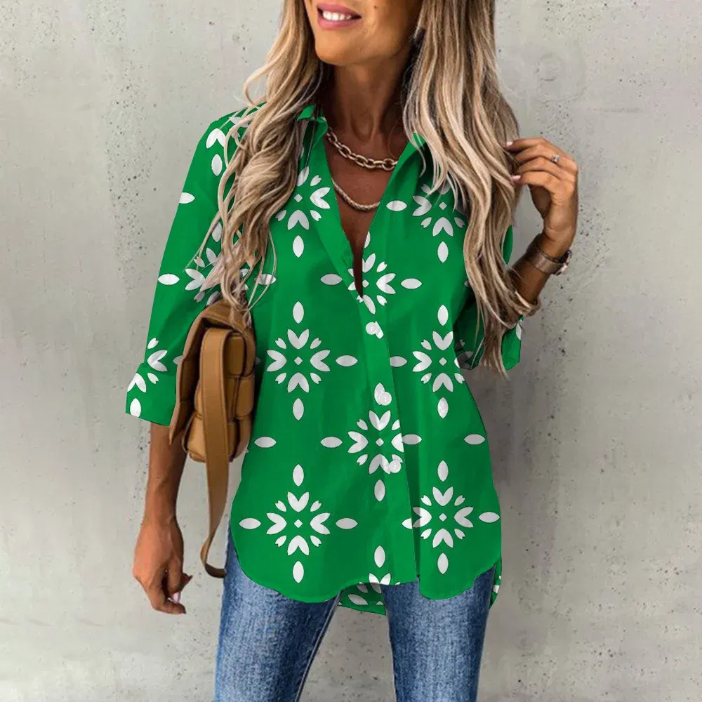 Color: GRAY, Size: S - Ladies Long Sleeved Shirt Vacation Style Coconut Tree 3D Digital Printed Button Up Collar Loose Casual Ladies Blouse 2024 Autumn