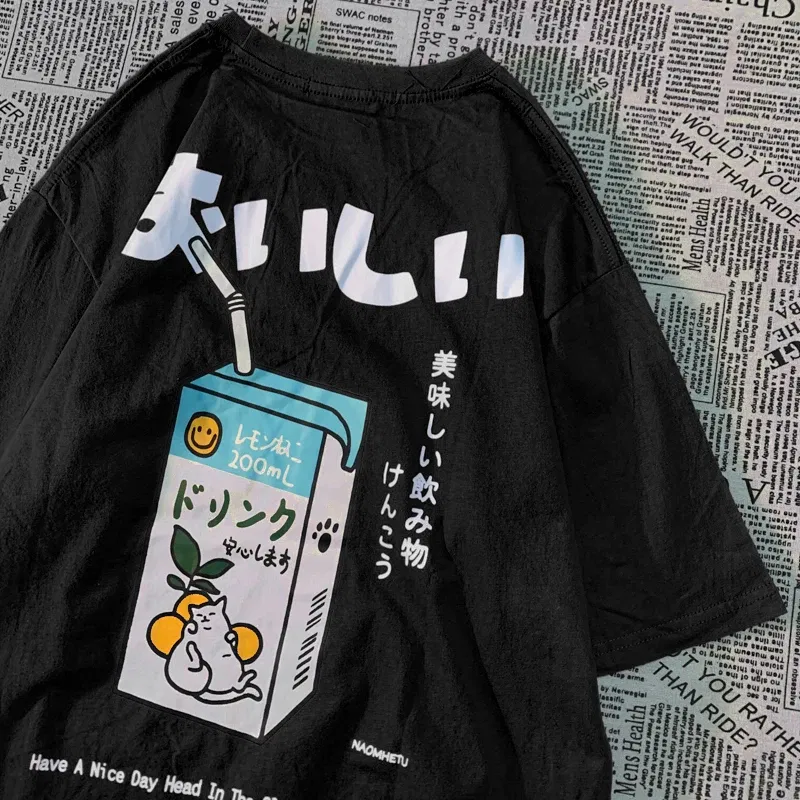 Color: army green, Size: L - Cute Japanese Cat Print Oversized T-shirt men Women Short Sleeve Loose Casual Tee Shirt Streetwear Tops Cotton Harajuku Clothing