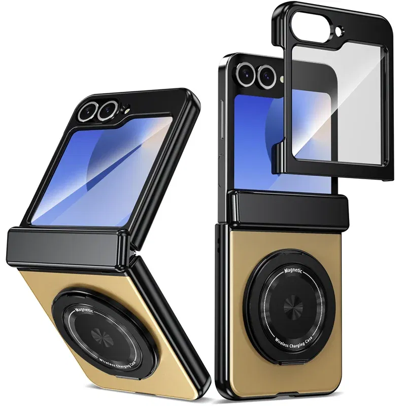 Color: black, Material: aluminum - 360?° Magnetic Rotate Holder Ring Phone Case For Samsung Galaxy Z Flip 6 5 4 Flip6 Flip5 Flip4 Flip3 Hard Shell Protection Cover