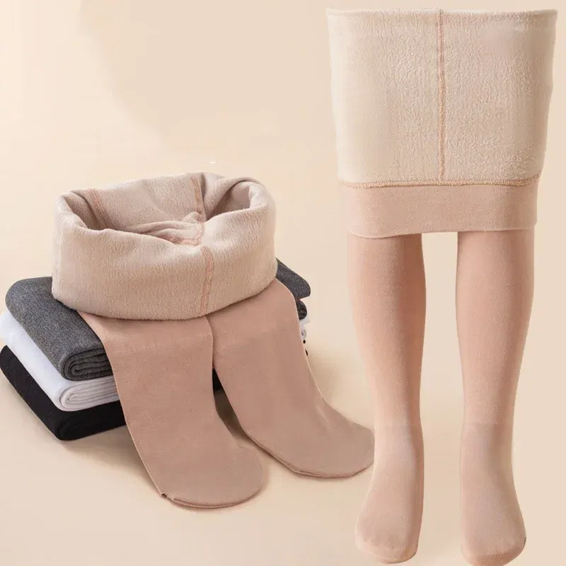 Color: WHITE, Size: M - Winter Infant Girls Plus Velvet Pantyhose Children's Leggings Thickening Children's Babys Skinny Pants Winter Clothes