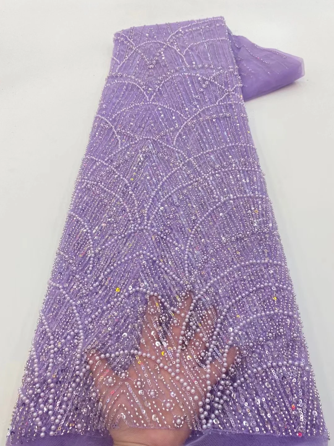 Color: Pink, Width: 120cm, Length: 5 yards - Wholesale African Sequins Lace Fabric  French Embroidery High Quality Luxury Heavy Beaded Bridal Wedding Lace 5 yards