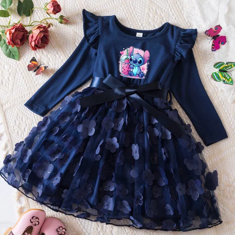 Color: Light Yellow, Size: One Size, Height: 170 - Lilo Stitch Girl Baby Dresses Spring Autumn Child Long Sleeve Sweet Princess Dress Mesh Newborn Casual Dress Birthday Party 2-6Y