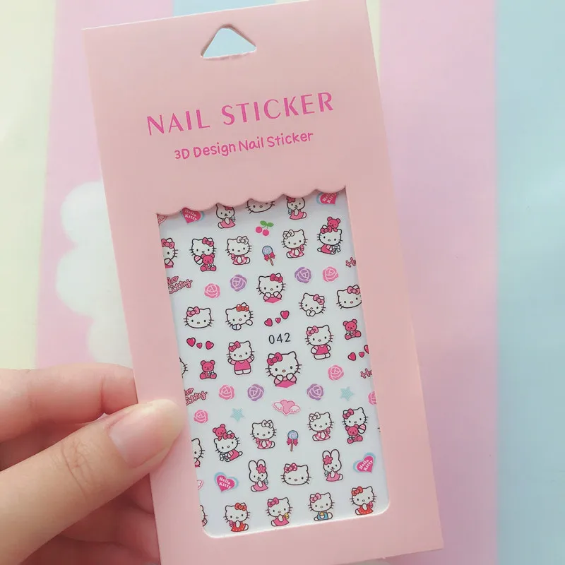 Color: Silver Gray - 1PCS Hello Kitty 3D Nail Stickers Press on Nails Mickey Mouse Donald Duck Stitch Cartoon Stickers Nail Art Decoration