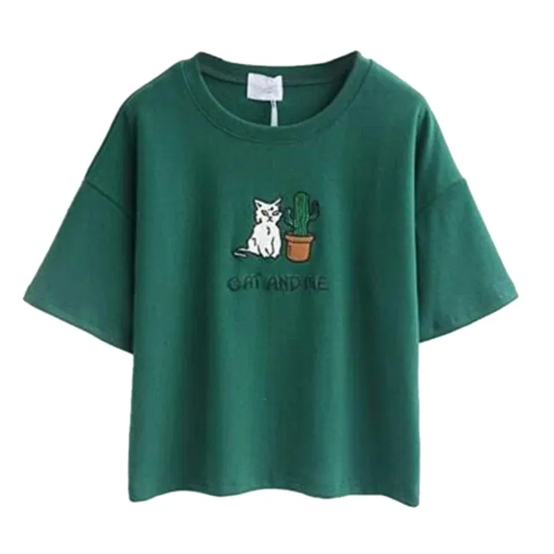 Color: WHITE, Size: L, Ships From: CHINA - 2021 Summer Cotton Short Sleeved Crop Top T-shirt Femme Embroidered Cat T Shirts Cartoon Women Fashion Cactus Top Tee T Shirt