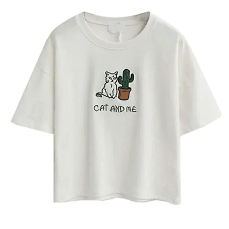 Color: WHITE, Size: L, Ships From: CHINA - 2021 Summer Cotton Short Sleeved Crop Top T-shirt Femme Embroidered Cat T Shirts Cartoon Women Fashion Cactus Top Tee T Shirt