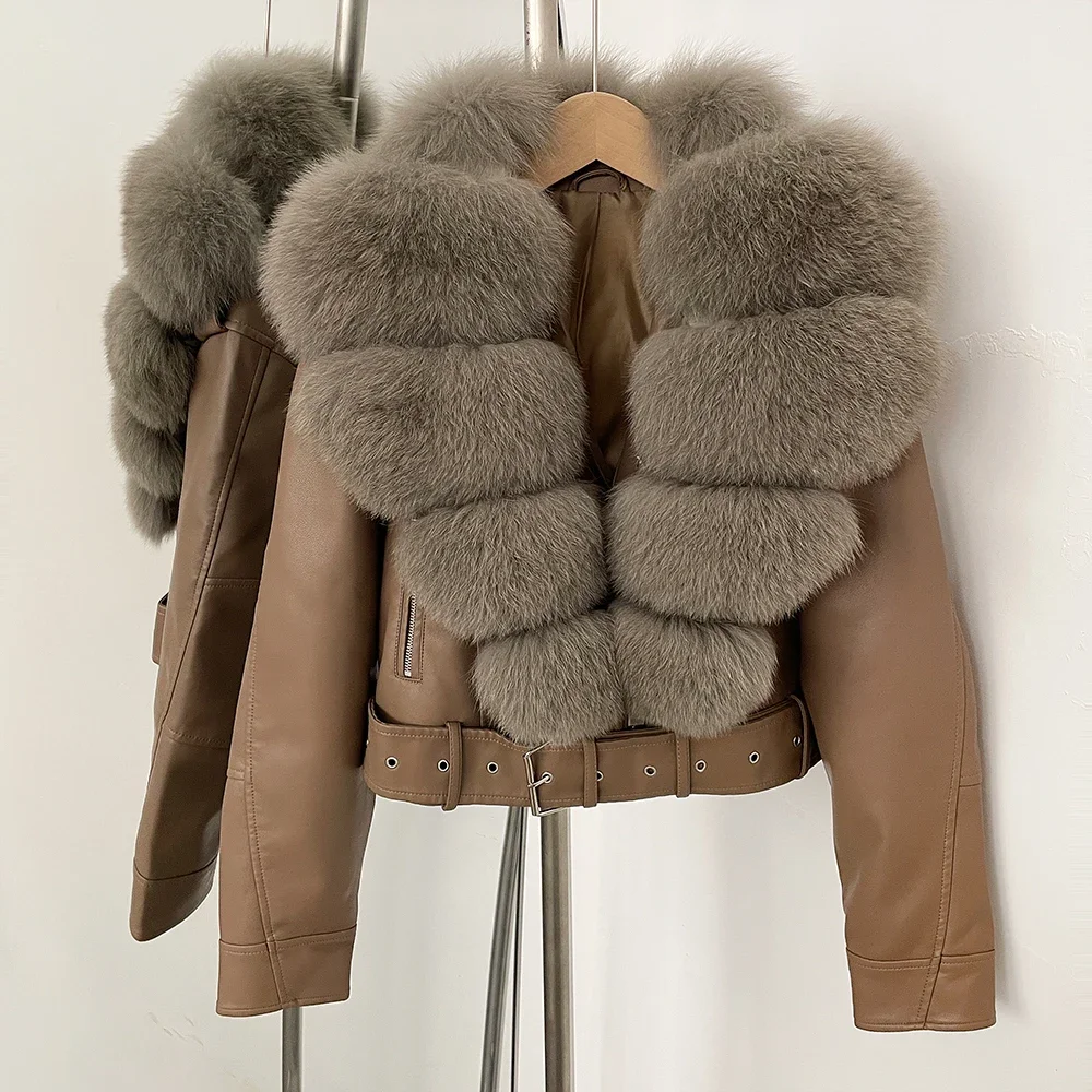 Color: Burgundy, Size: XL - Fake Leather Coat New Natural Fox Fur Autumn Short Faux Leather Jacket Female Spring PU Women Long Sleeve Real Fur Coat Thin