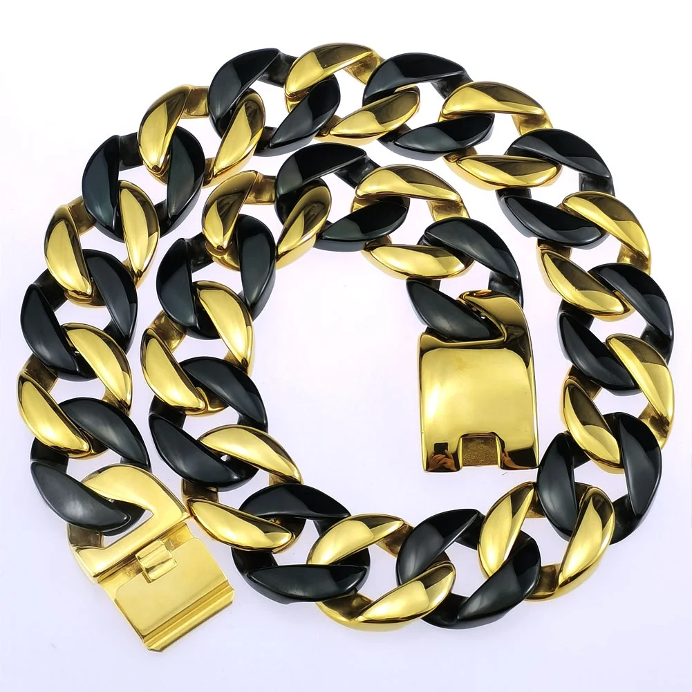 Length: 35cm, Main Stone Color: GRAY - 316L Stainless Steel  and Black Tone Curb 24mm Solid Heavy Long Necklace + Bracelet Jewelry