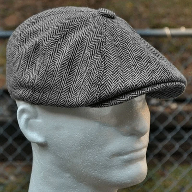 Color: Brown, Hat Size: One Size - Men herringbone style berets retro woolen top felt hat fashion wild casual berets flat berets