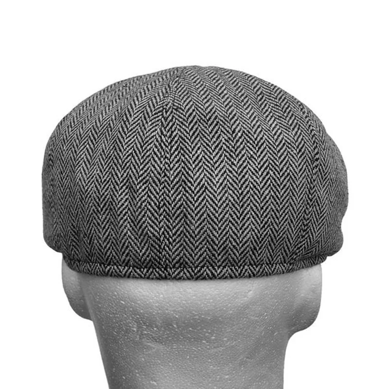 Color: Brown, Hat Size: One Size - Men herringbone style berets retro woolen top felt hat fashion wild casual berets flat berets