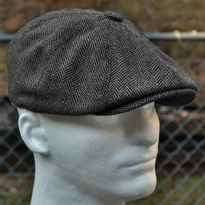 Color: Brown, Hat Size: One Size - Men herringbone style berets retro woolen top felt hat fashion wild casual berets flat berets