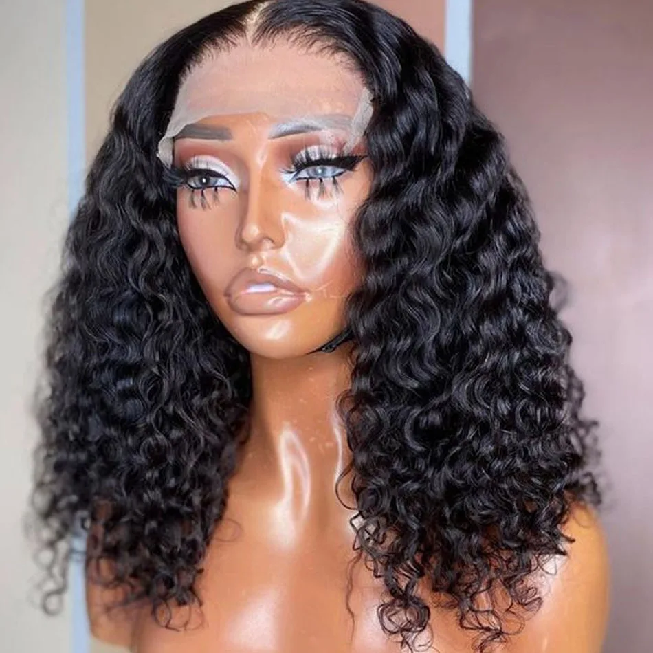 Hair Color: #1, Stretched Length: 10inches - 13X4 Glueless Water Wave Wigs Human Hair Pre Cut Bob Wig Ready To Go 180% Density 4x4 Water Wave Lace Closure Wigs Human Hair