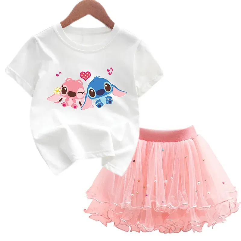 Color: Dark Grey, Kid Size: 4T - 2pcs Lilo Stitch Summer Girls Outfits Cartoon T-shirt and Tutu Skirt Princess Clothes Suit Children Birthday Clothing Sets