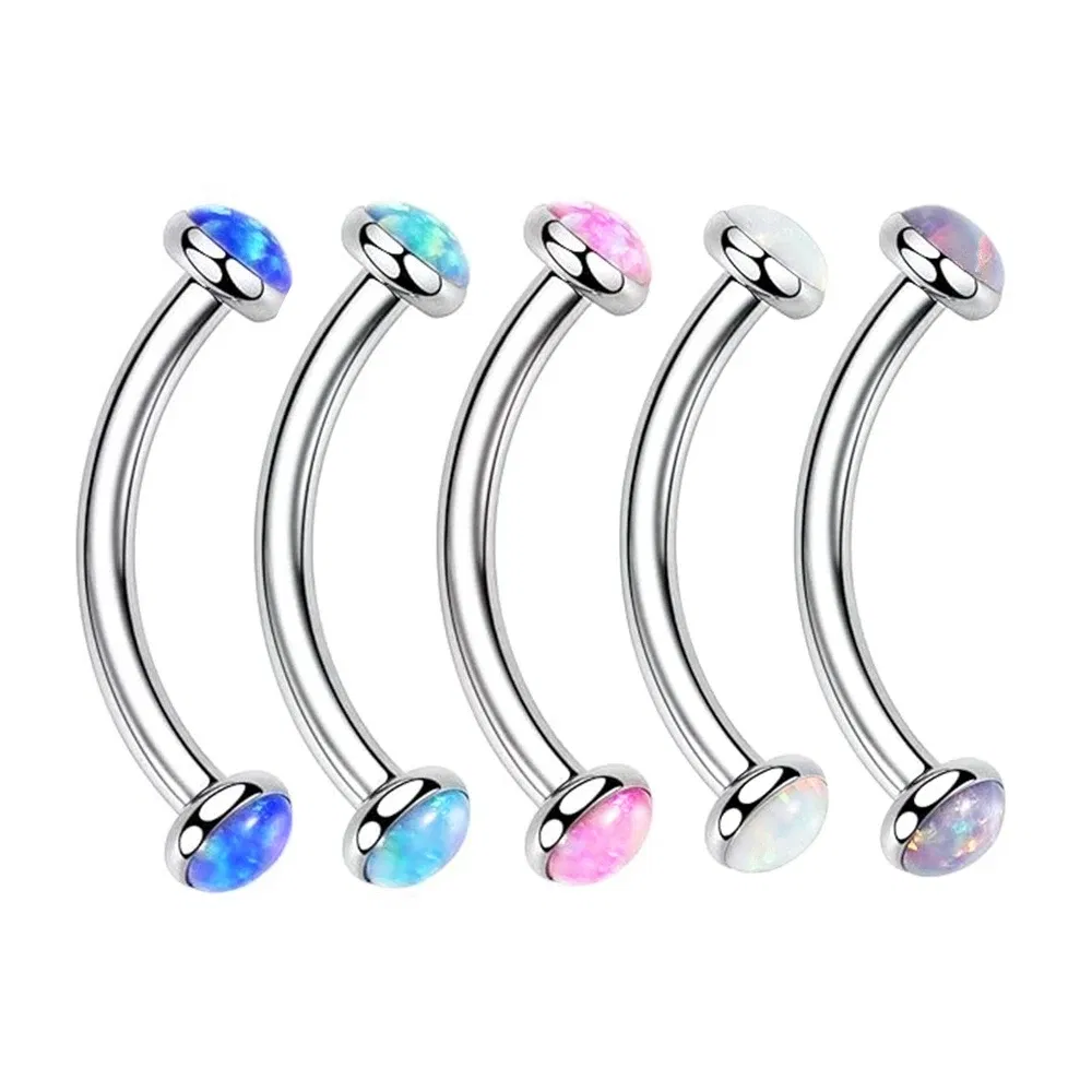 Metal color: ROSE GOLD COLOR, Main Stone Color: WHITE - 3/4/5mm Opal Steel Eyebrow Ring Internally Threaded 6mm -14mm Bar Curved Barbell Monroe Lip Stud Ear Tragus Piercing