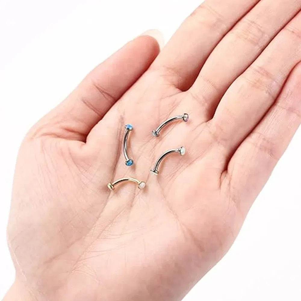 Metal color: ROSE GOLD COLOR, Main Stone Color: WHITE - 3/4/5mm Opal Steel Eyebrow Ring Internally Threaded 6mm -14mm Bar Curved Barbell Monroe Lip Stud Ear Tragus Piercing