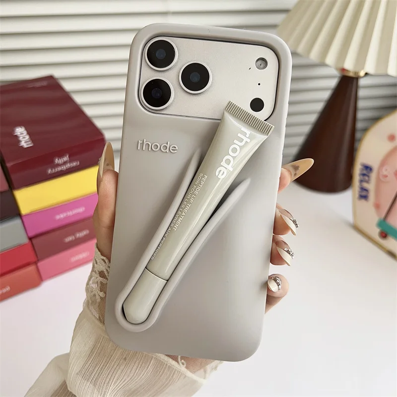 Material: Leather, Color: SKY BLUE, Bundle: Bundle1 - With Lipstick Phone Case for iPhone 17 13 14 15 16 17 Pro Max Plus 12 17 Air Silicone Lip Gloss Holder Hot INS Soft Cover Funda