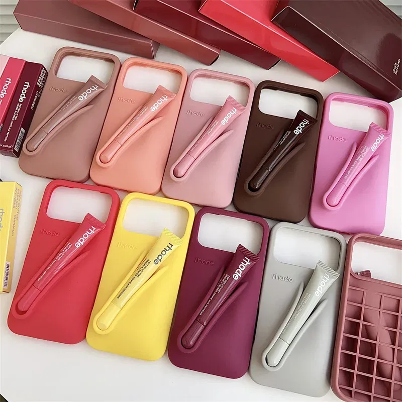 Material: Leather, Color: SKY BLUE, Bundle: Bundle1 - With Lipstick Phone Case for iPhone 17 13 14 15 16 17 Pro Max Plus 12 17 Air Silicone Lip Gloss Holder Hot INS Soft Cover Funda