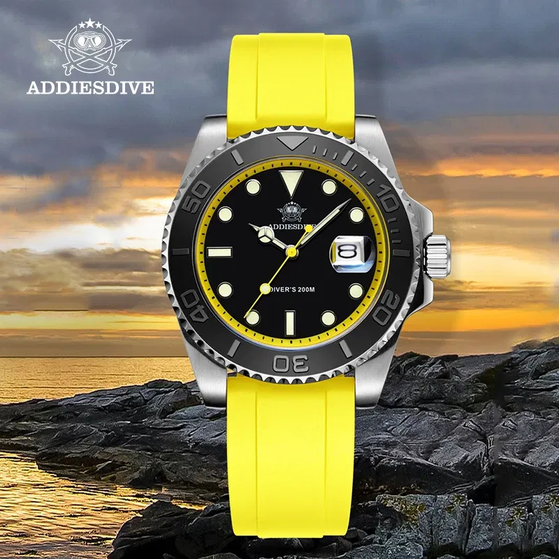 Color: Gold - ADDIESDIVE Rotatable Bezel Watch For Men 41mm Quartz Watch Stainless Seel BGW9 Luminous Rubber Strap 200m Diving Men's Watch New