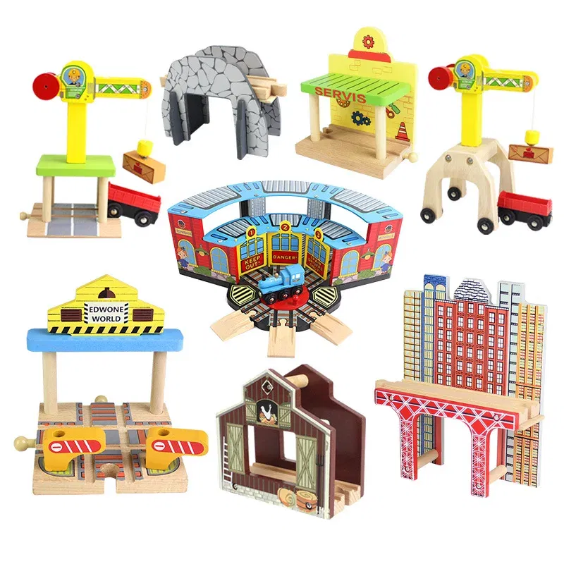 Color: DEEP BLUE - Wooden Bridge Tunnel Urban Rail Overpass Traffic Car Toy Scene Combined Train Rail Track Wooden Accessories Beech Turntable DIY