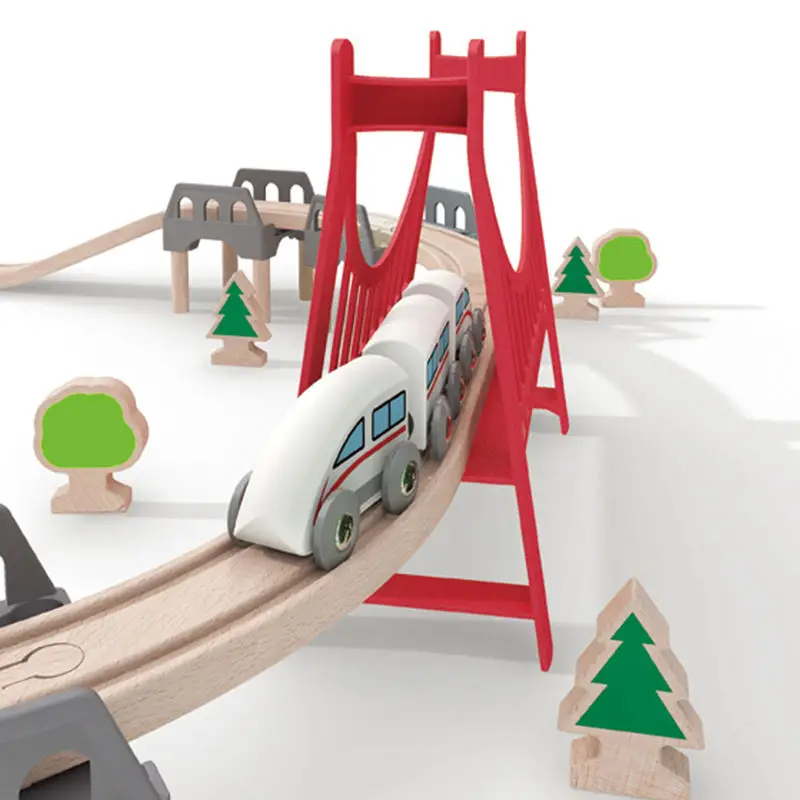 Color: DEEP BLUE - Wooden Bridge Tunnel Urban Rail Overpass Traffic Car Toy Scene Combined Train Rail Track Wooden Accessories Beech Turntable DIY